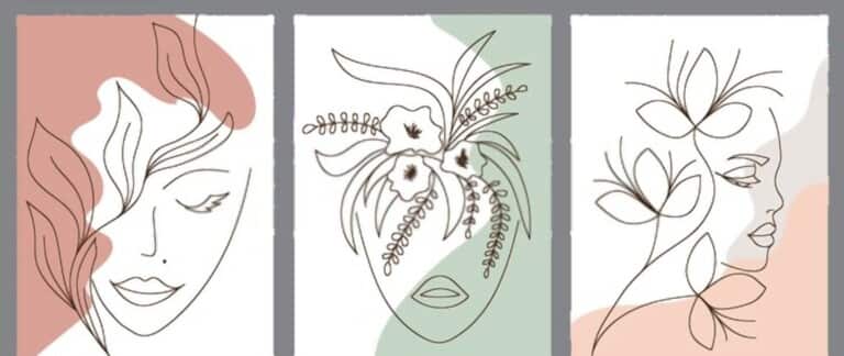 Set of creative hand painted one line abstract female portraits. Minimalist vector people icon.