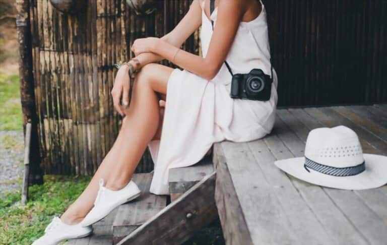 young girl with white dress, hat and canvas sneakers