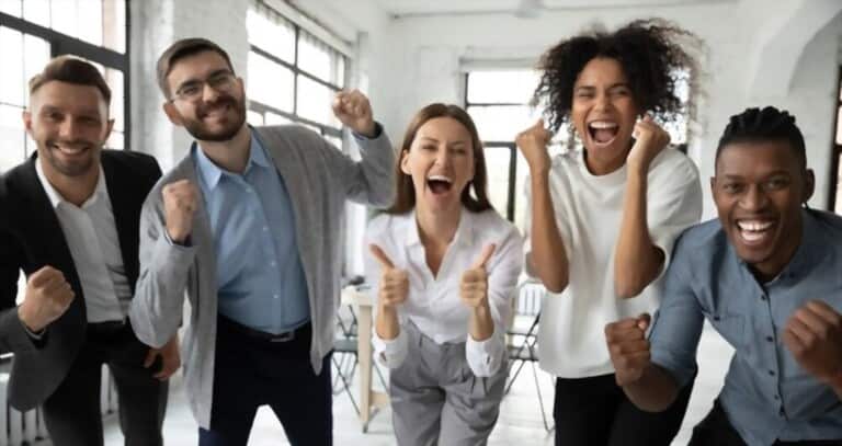 portrait overjoyed young diverse employees workers