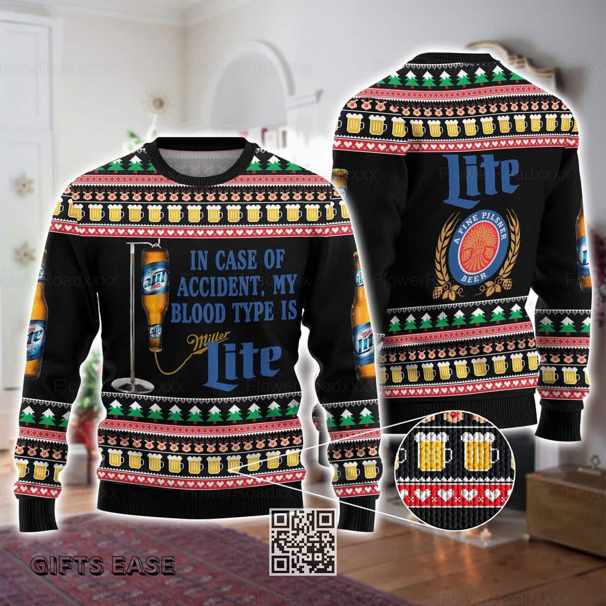 In Case Of Accident My Blood Type Is Miller Lite Ugly Christmas Sweater Beer Lovers Gift In Case Of Accident My Blood Type Is Miller Lite Ugly Christmas Sweater Beer Lovers Gift