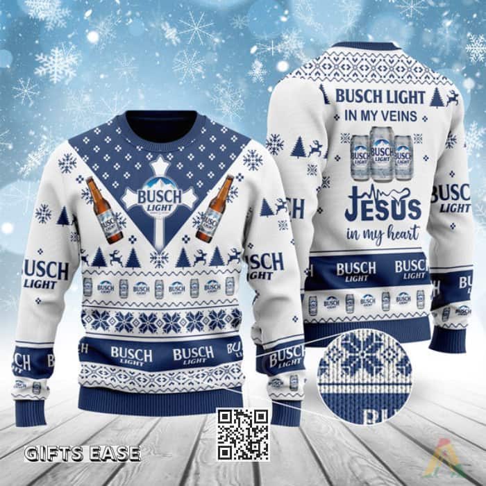 Busch Light Beer Ugly Christmas Sweater In My Veins Jesus In My Heart Gift For Busch Fans Busch Light Beer Ugly Christmas Sweater In My Veins Jesus In My Heart Gift For Busch Fans