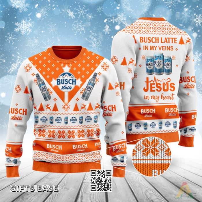 Busch Latte Ugly Christmas Sweater In My Veins Jesus In My Heart Creative Gift For Beer Lovers Busch Latte Ugly Christmas Sweater In My Veins Jesus In My Heart Creative Gift For Beer Lovers