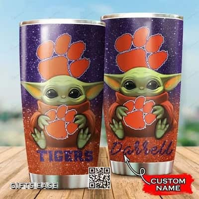 Blue NCAA Clemson Tigers Baby Yoda Tumbler Gift For Daughter From Dad Custom Name 