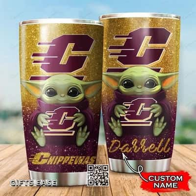 Golden Purple Central Michigan Chippewas Baby Yoda Tumbler Gift For Girlfriend Custom Name 