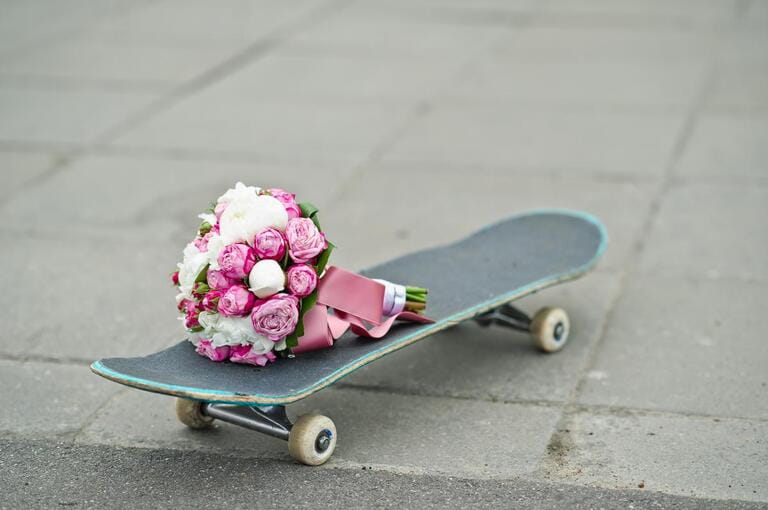 bride's bouquet on a skateboard