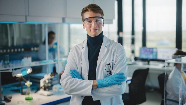 Medical Science Laboratory: Handsome Young Scientist Wearing White Coat and Safety Glasses, Posing and Smiles Looking at Camera with Crosses Arms. Diverse Team of Specialists. Medium Portrait Shot Medical Science Laboratory: Handsome Young Scientist Wearing White Coat and Safety Glasses, Posing and Smiles Looking at Camera with Crosses Arms. Diverse Team of Specialists. Medium Portrait Shot