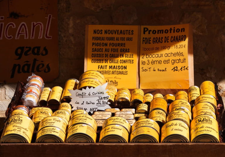 Tinned local produce Domme, Dordogne, South West France, Europe Tinned local produce Domme, Dordogne, South West France, Europe