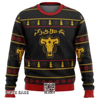 Black Clover Bulls Ugly Christmas Sweater Pine Tree Pattern