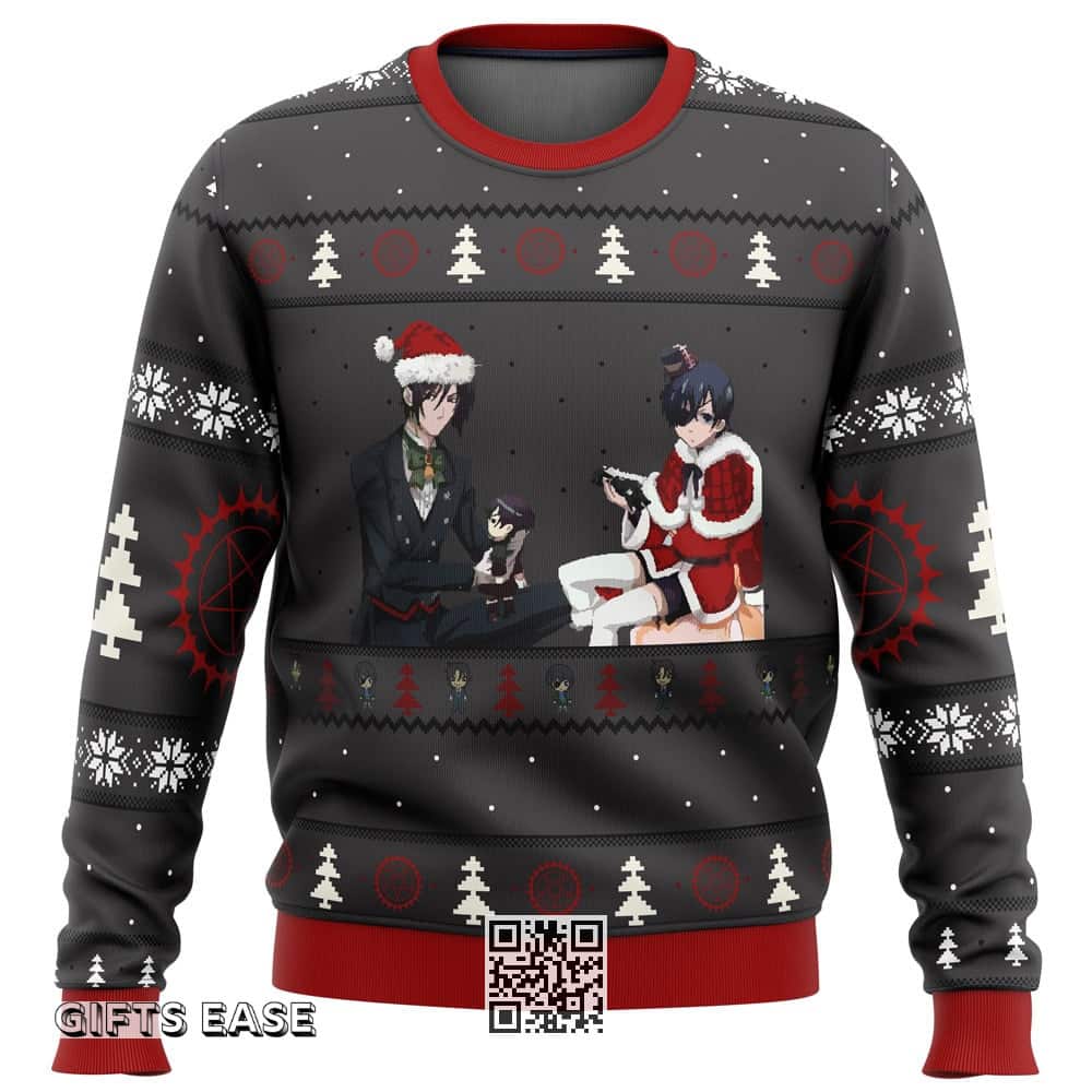 Black Butler Ugly Christmas Sweater Pine Trees And Snowflakes Pattern Black Butler Ugly Christmas Sweater Pine Trees And Snowflakes Pattern