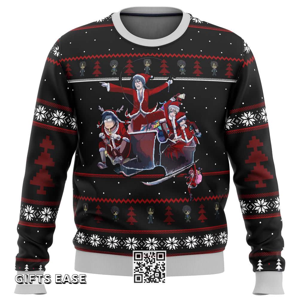 Black Butler Ugly Christmas Sweater Holiday Pine Trees And Snowflakes Pattern Black Butler Ugly Christmas Sweater Holiday Pine Trees And Snowflakes Pattern