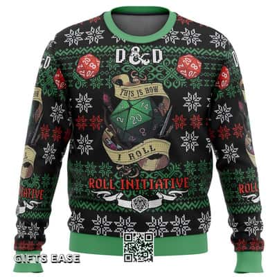 Roll Initiative Dungeons & Dragons Ugly Christmas Sweater Snowflakes Pattern