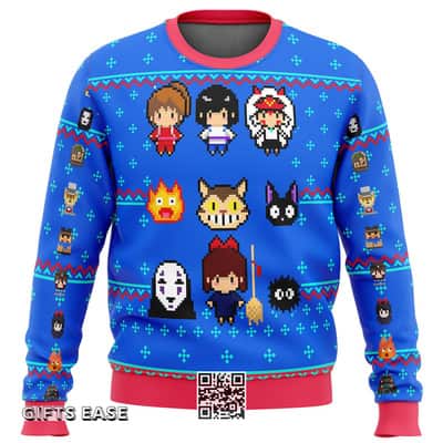 Blue Studio Ghibli Ugly Christmas Sweater Snowflake Pattern