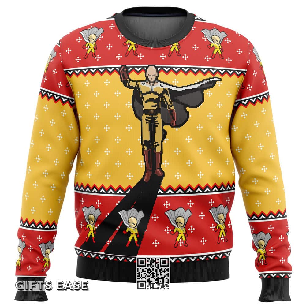 Red And Yellow One Punch Man Saitama Shadow Ugly Christmas Sweater Red And Yellow One Punch Man Saitama Shadow Ugly Christmas Sweater