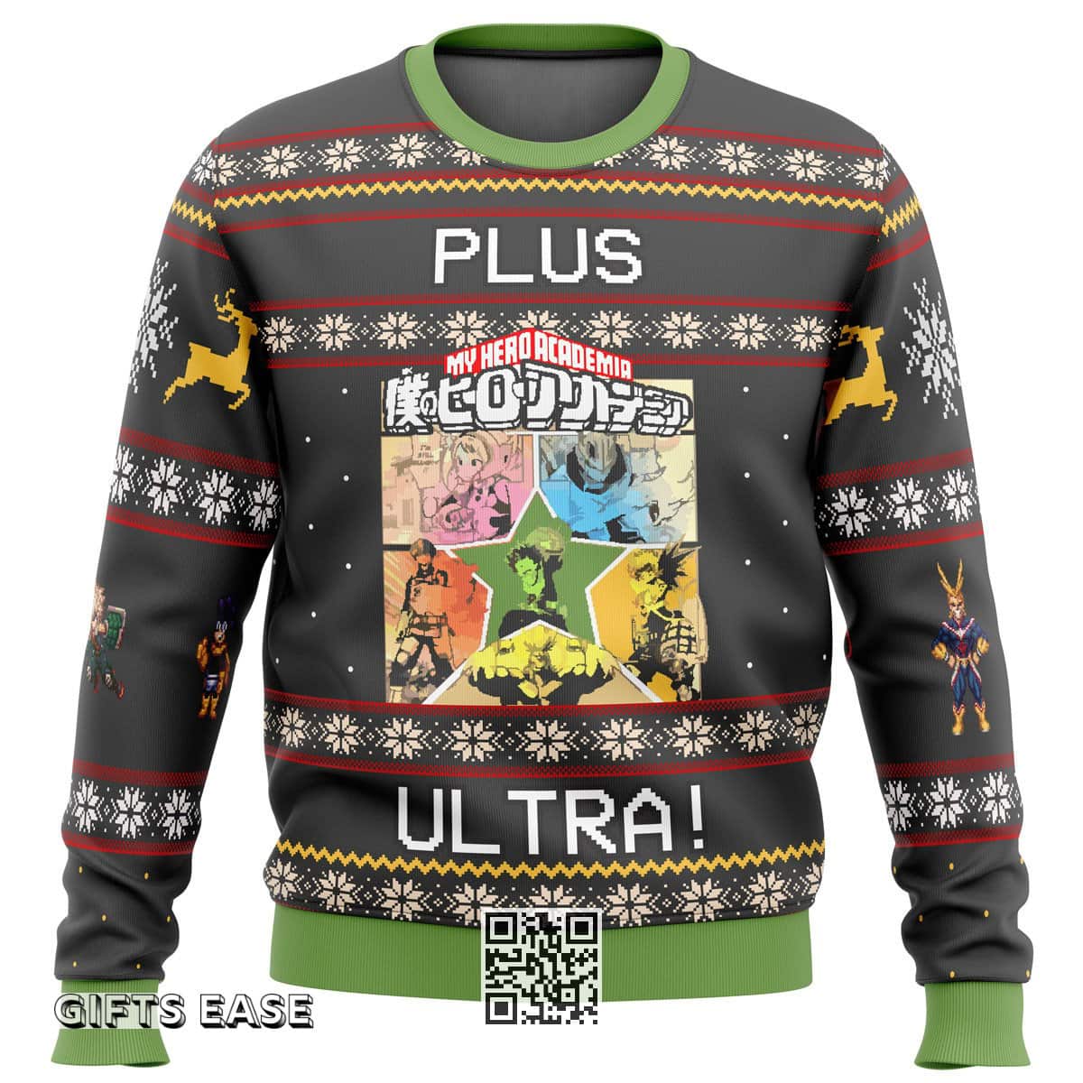 My Hero Academia Boku No Plus Ultra Ugly Christmas Sweater Deer And Snowflake Pattern My Hero Academia Boku No Plus Ultra Ugly Christmas Sweater Deer And Snowflake Pattern