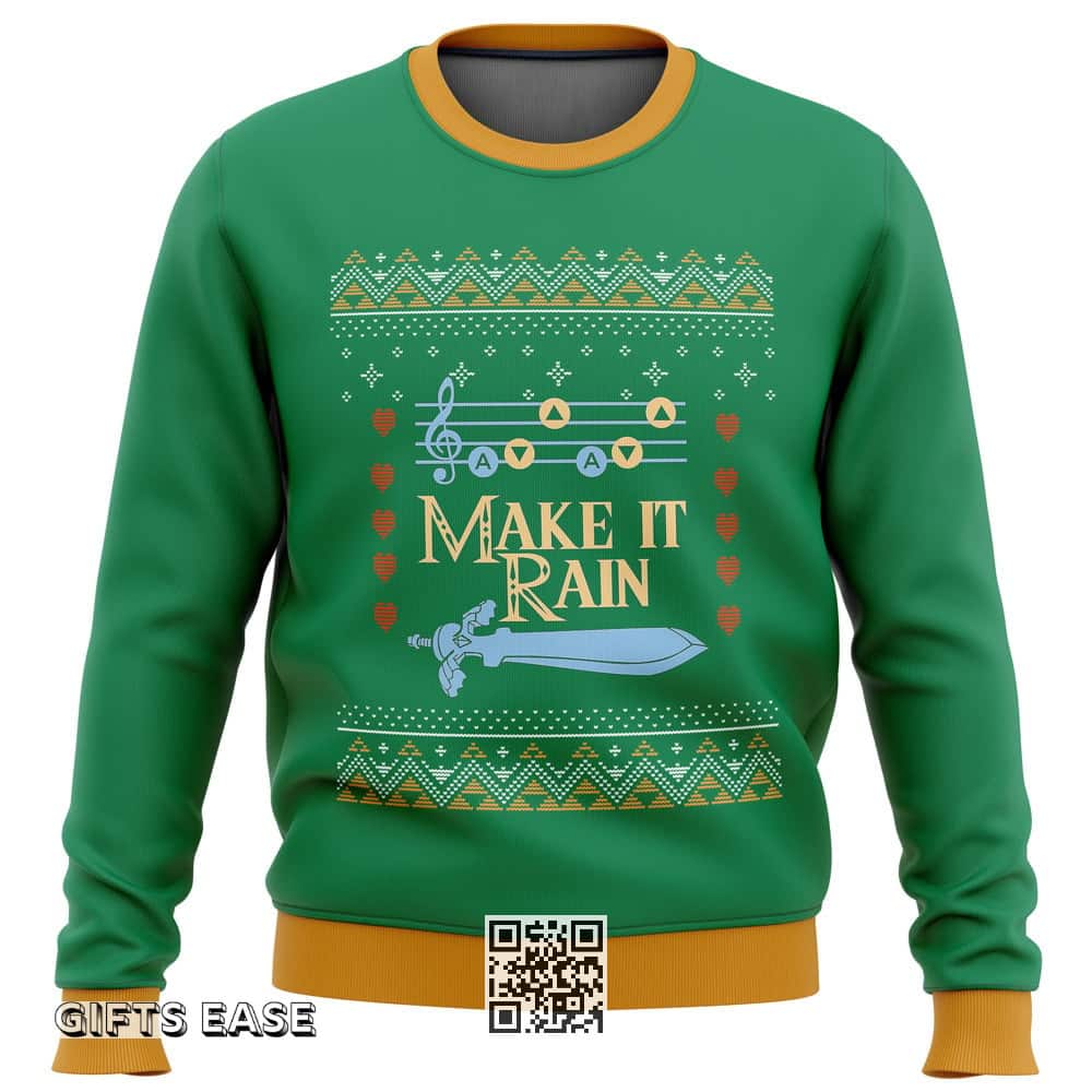 Green Zelda Make It Rain Ugly Christmas Sweater Green Zelda Make It Rain Ugly Christmas Sweater