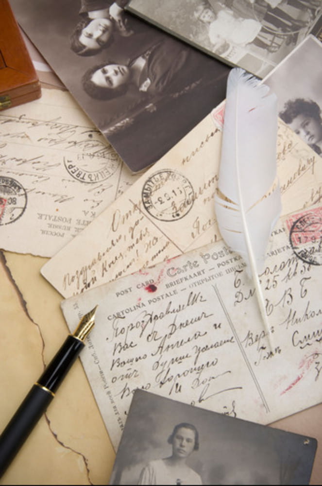 Retro postcards and gold pen