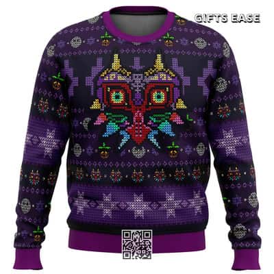 Purple Legend Of Zelda Ugly Christmas Sweater Majoras Mask Pattern