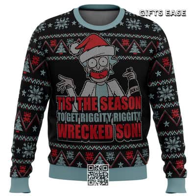 Rick And Morty Ugly Christmas Sweater Tis The Season Pine Tree And Snowflake Pattern