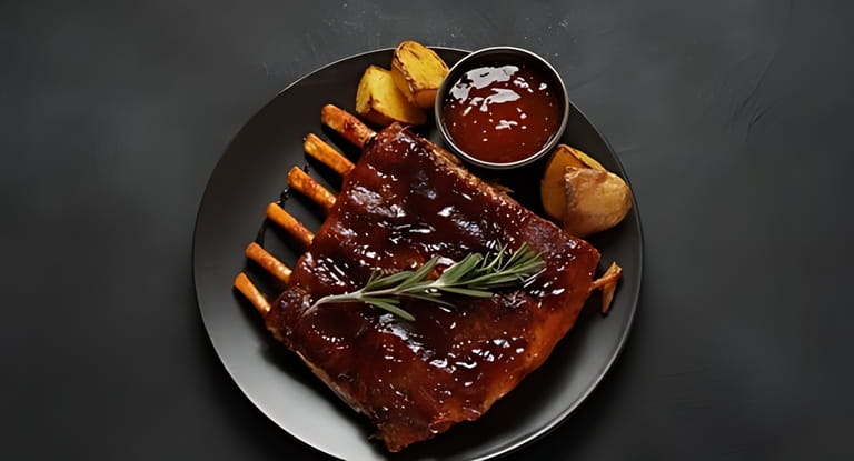 Closeup of pork ribs grilled with BBQ sauce and caramelized in honey. Grilled pork ribs with spices on a stone background