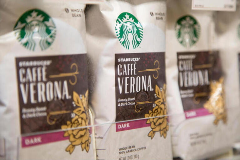 bags of Starbucks brand Caffe Verona whole bean coffee on the shelf of a grocery store