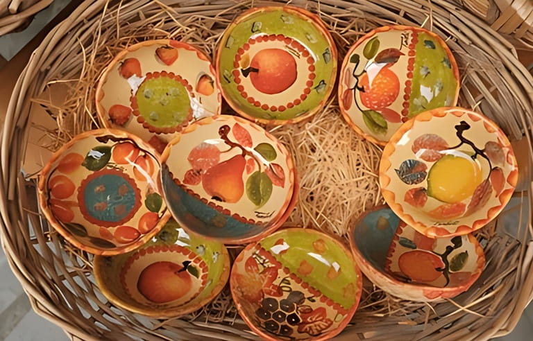 Cinque Terre, Italy - colorful ceramic bowls displayed on a basket. Local souvenirs sold in Riomaggiore, a seaside town on the Italian Riviera. Creative crafts. Summer travel vacation background.