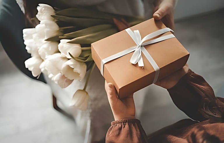 The child's hands hold a beautiful gift box with a ribbon and white tulips. Top view, close-up. Happy mother's day.