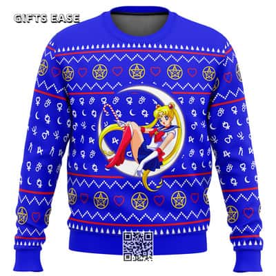 Royal Blue Sailor Moon Sitting On Moon Ugly Christmas Sweater