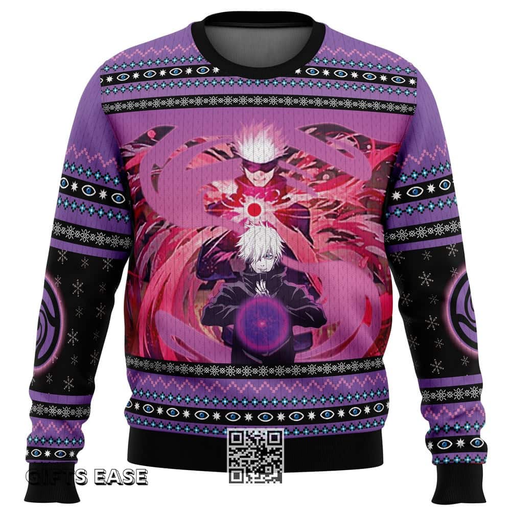 Black Purple Satoru Gojo Jujutsu Kaisen Ugly Christmas Sweater Black Purple Satoru Gojo Jujutsu Kaisen Ugly Christmas Sweater