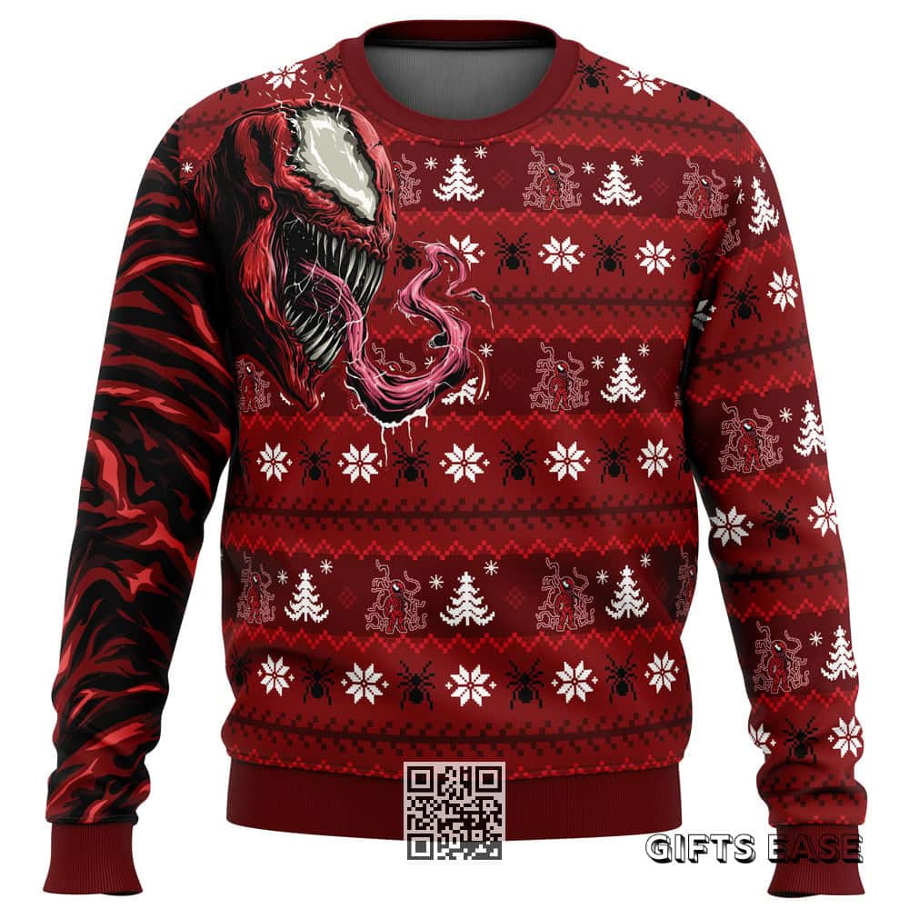 Red Carnage Marvel Ugly Christmas Sweater Spiderman Logo Snowflake Pine Tree Red Carnage Marvel Ugly Christmas Sweater Spiderman Logo Snowflake Pine Tree