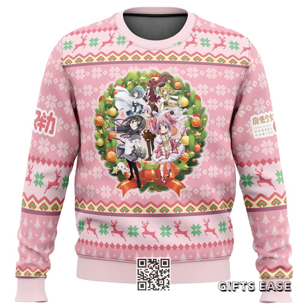 Pink Magical Girls Puella Magi Madoka Magica Ugly Christmas Sweater Pink Magical Girls Puella Magi Madoka Magica Ugly Christmas Sweater