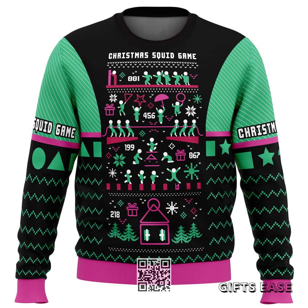 Black Green Christmas Squid Game Ugly Christmas Sweater Black Green Christmas Squid Game Ugly Christmas Sweater