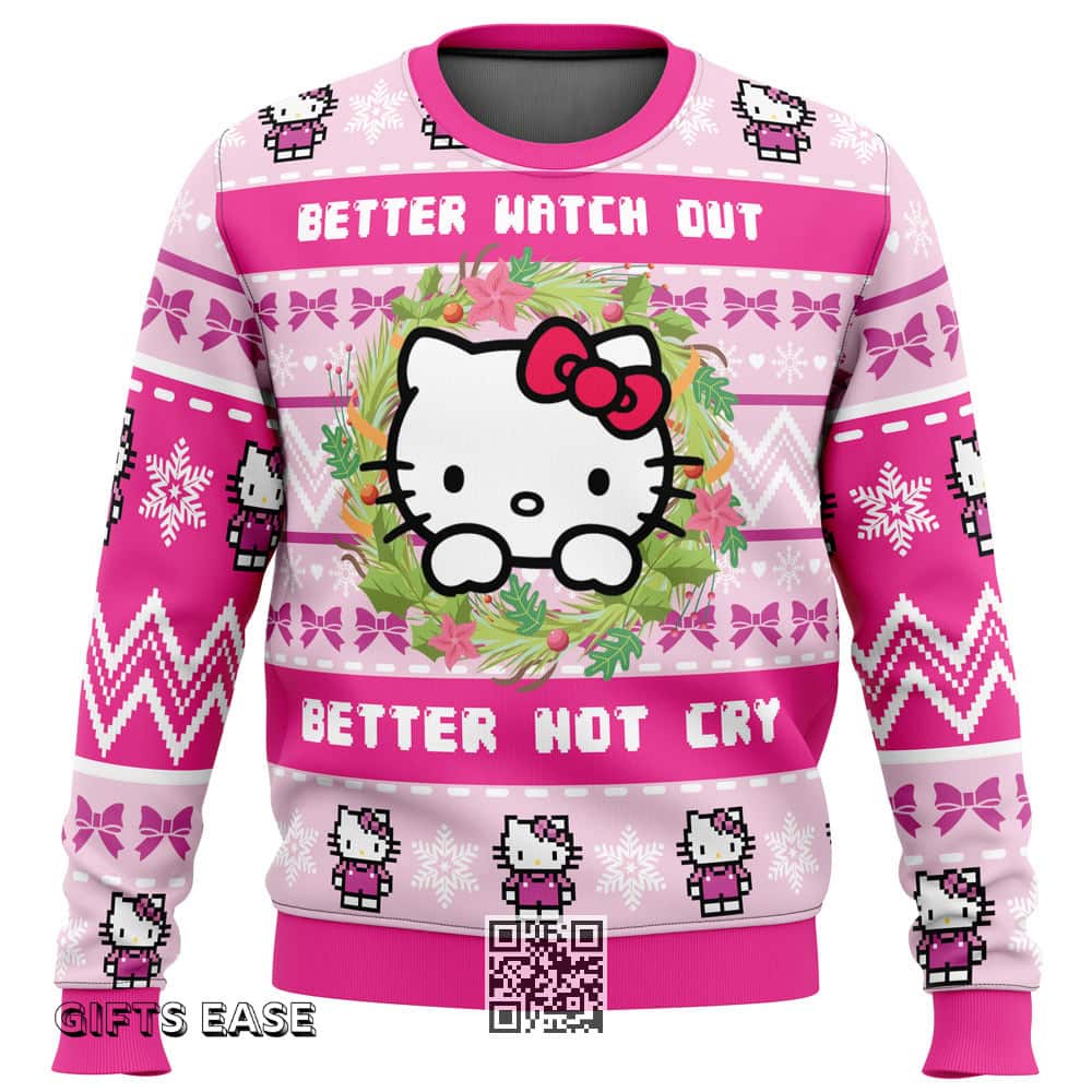 Pink Hello Kitty Is Coming To Town Ugly Christmas Sweater Better Watch Out Better Not Cry Pink Hello Kitty Is Coming To Town Ugly Christmas Sweater Better Watch Out Better Not Cry