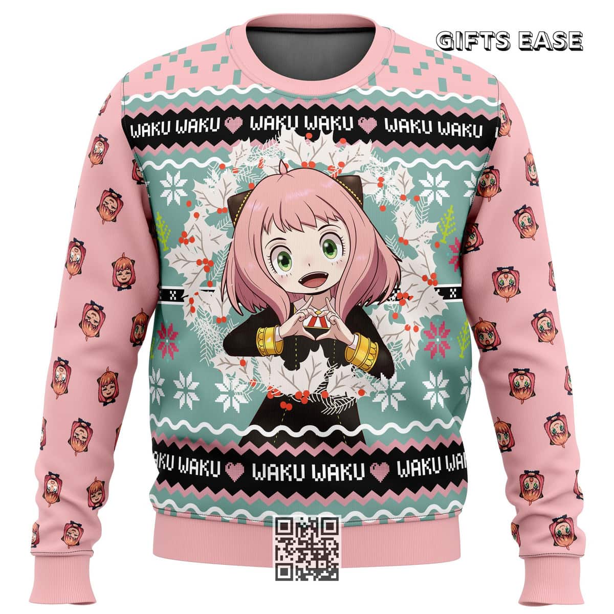 Pink Spy X Family Ugly Christmas Sweater Anya Forger Waku Waku Pink Spy X Family Ugly Christmas Sweater Anya Forger Waku Waku