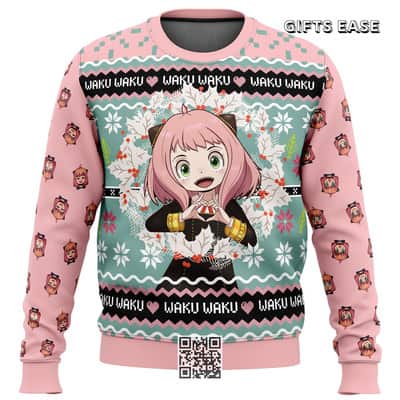 Pink Spy X Family Ugly Christmas Sweater Anya Forger Waku Waku