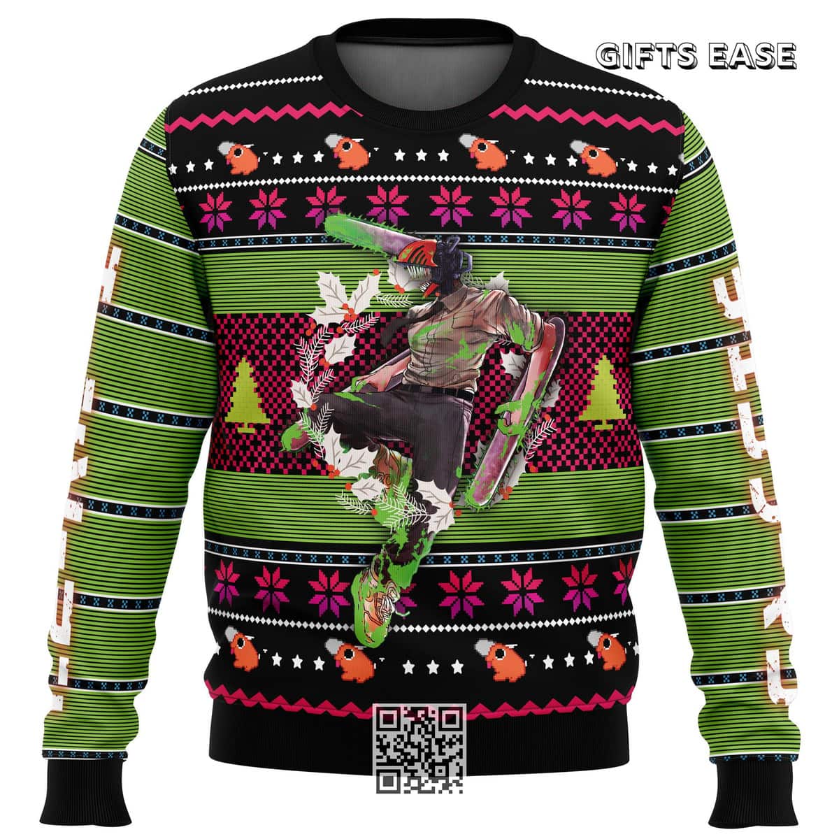 Denji Chainsaw Man Ugly Christmas Sweater Snowflakes Pine Trees Denji Chainsaw Man Ugly Christmas Sweater Snowflakes Pine Trees
