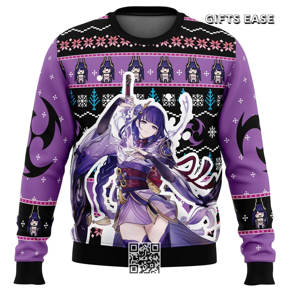Black Purple Raiden Genshin Impact Ugly Christmas Sweater Black Purple Raiden Genshin Impact Ugly Christmas Sweater