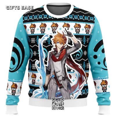 Tartaglia Childe Genshin Impact Ugly Christmas Sweater Snowflake Pattern