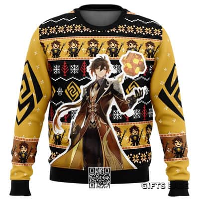 Zhongli Genshin Impact Ugly Christmas Sweater Snowflake Pattern