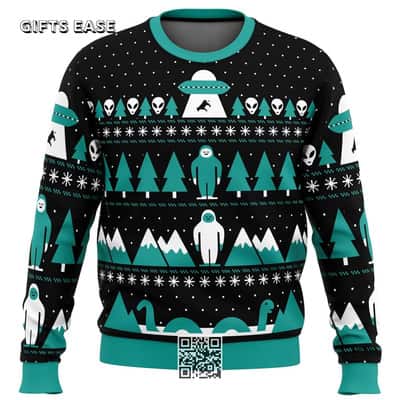 Paranormal Alien Ugly Christmas Sweater Snowflake Pine Tree Pattern
