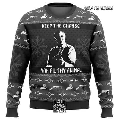 Black Home Alone Ugly Christmas Sweater Keep The Change Yah Filthy Animal