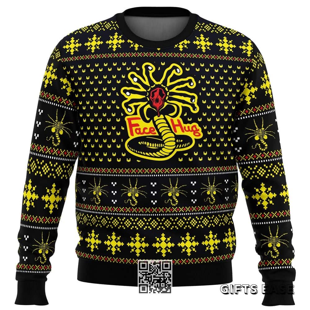 Black Yellow Alien Ugly Christmas Sweater Face Hugs Black Yellow Alien Ugly Christmas Sweater Face Hugs