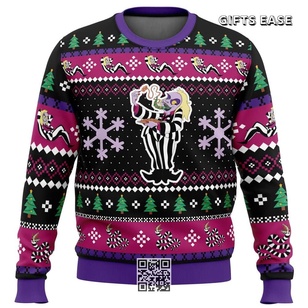 Beetleguise Beetlejuice Ugly Christmas Sweater Snowflake Pine Tree Pattern Beetleguise Beetlejuice Ugly Christmas Sweater Snowflake Pine Tree Pattern