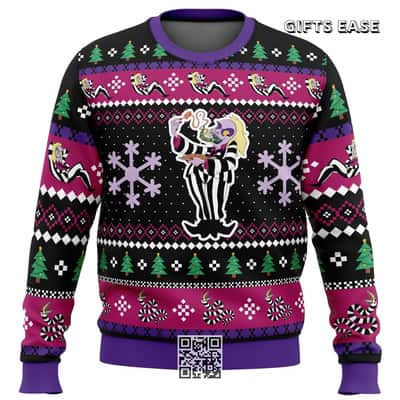 Beetleguise Beetlejuice Ugly Christmas Sweater Snowflake Pine Tree Pattern