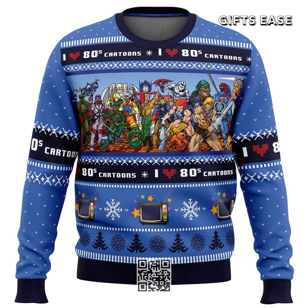 Blue I Love The 80s Cartoons Ugly Christmas Sweater Blue I Love The 80s Cartoons Ugly Christmas Sweater