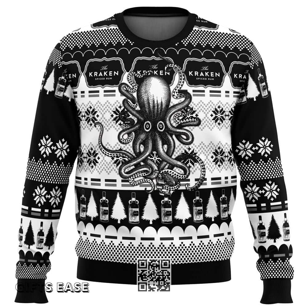 Black White Kraken Rum Ugly Christmas Sweater Black White Kraken Rum Ugly Christmas Sweater