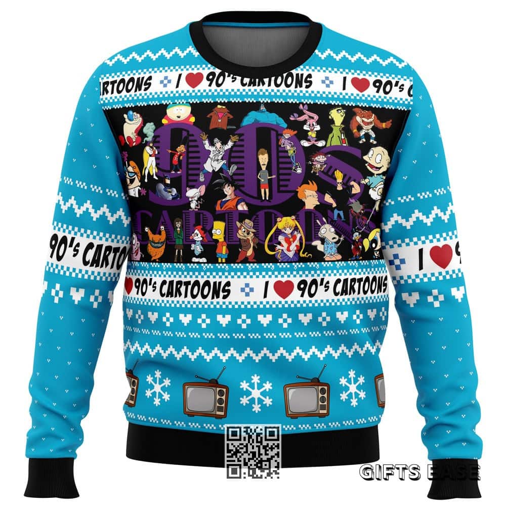 Blue Black I Love The 90s Cartoons Ugly Christmas Sweater Blue Black I Love The 90s Cartoons Ugly Christmas Sweater