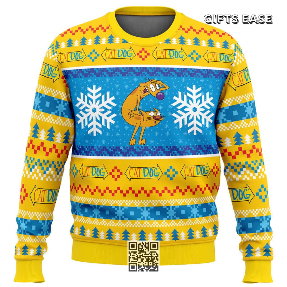 Catdog Nickelodeon Ugly Christmas Sweater Snowflake Pattern Catdog Nickelodeon Ugly Christmas Sweater Snowflake Pattern