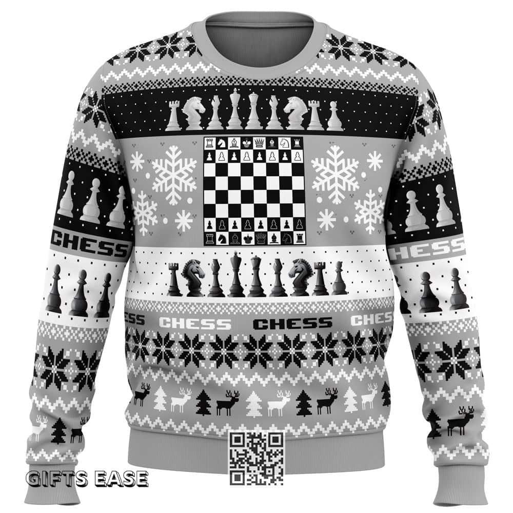 Chess Board Games Ugly Christmas Sweater Snowflake Pine Tree Reindeer