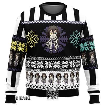 Chibi Obanai Iguro Demon Slayer Ugly Christmas Sweater Snowflake Pattern