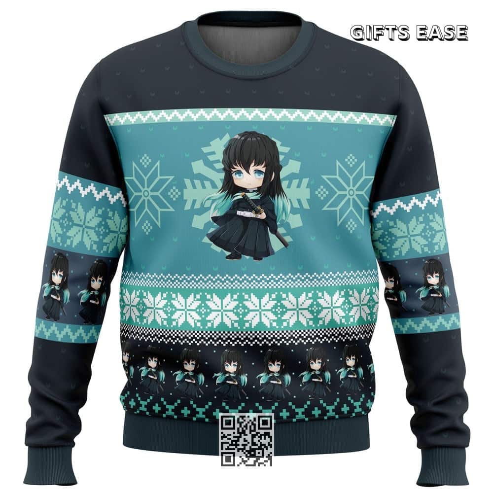 Chibi Muichiro Tokito Demon Slayer Ugly Christmas Sweater Snowflake Pattern Chibi Muichiro Tokito Demon Slayer Ugly Christmas Sweater Snowflake Pattern